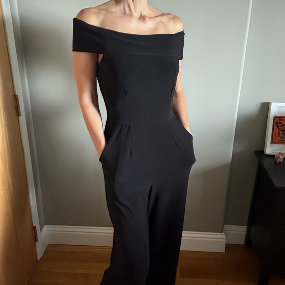 Thrive Societe Pants - Off-Shoulder Black Wide-Leg Jumpsuit with Pockets